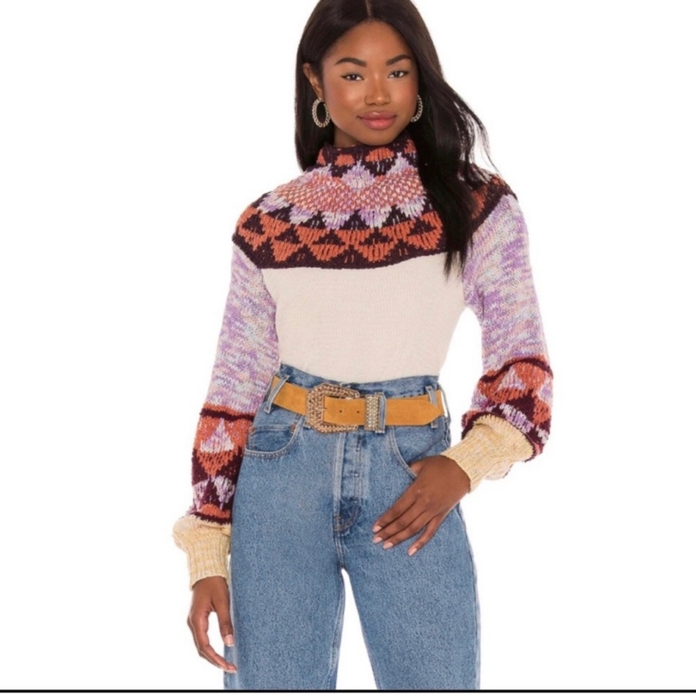 NWT Free People Femme Fair Isle Knit Combo Sweater Cream Purple XS
